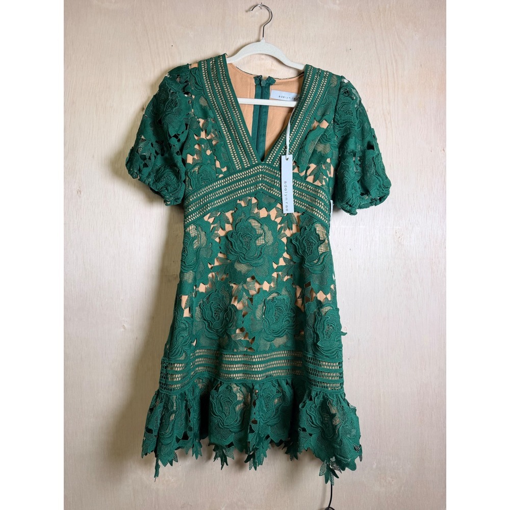 Adelyn Rae Lace Dress Women XS Green‎ New Floral Guipure Mini Puff Sleeve